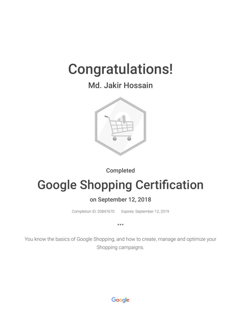 Jakir Google Shopping Certification